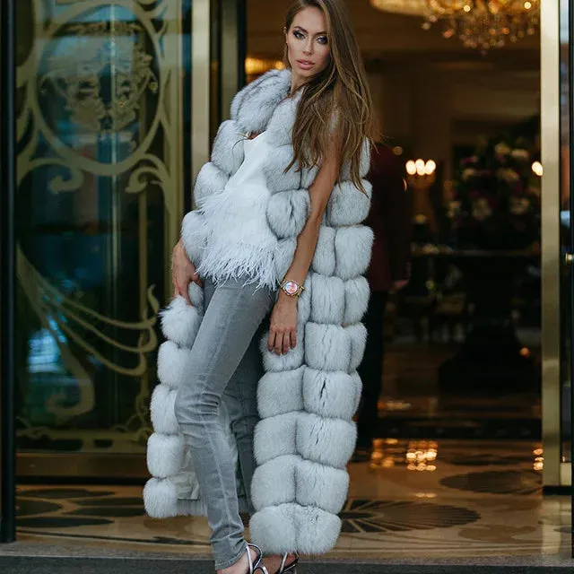 10-section Luxury Faux Fur Winter Vest Jacket Sleeveless Thick Warm Horizontal Striped Long Style Fluffy