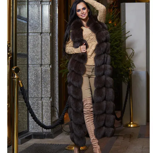 10-section Luxury Faux Fur Winter Vest Jacket Sleeveless Thick Warm Horizontal Striped Long Style Fluffy