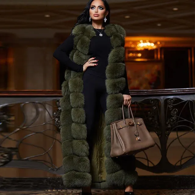 10-section Luxury Faux Fur Winter Vest Jacket Sleeveless Thick Warm Horizontal Striped Long Style Fluffy