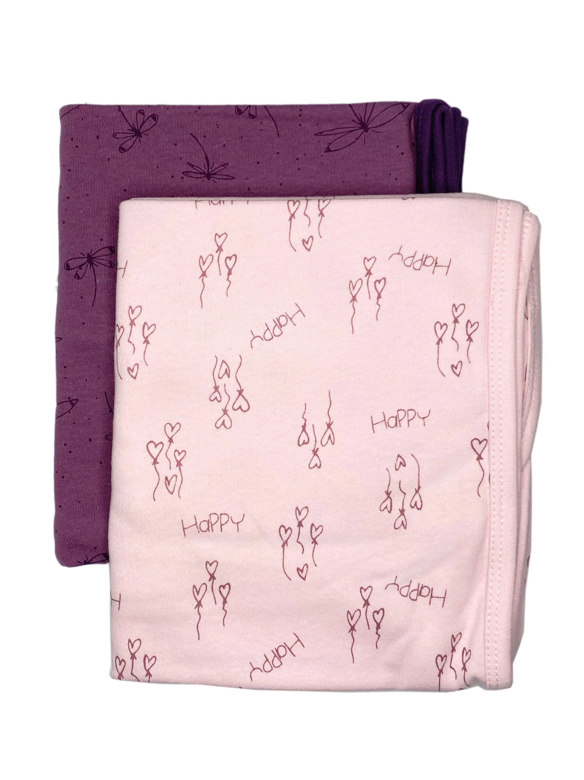 2 Pack, Organic Cotton Blankets, Pink Happy / Purple Dragonflies, 70 x 70 cm