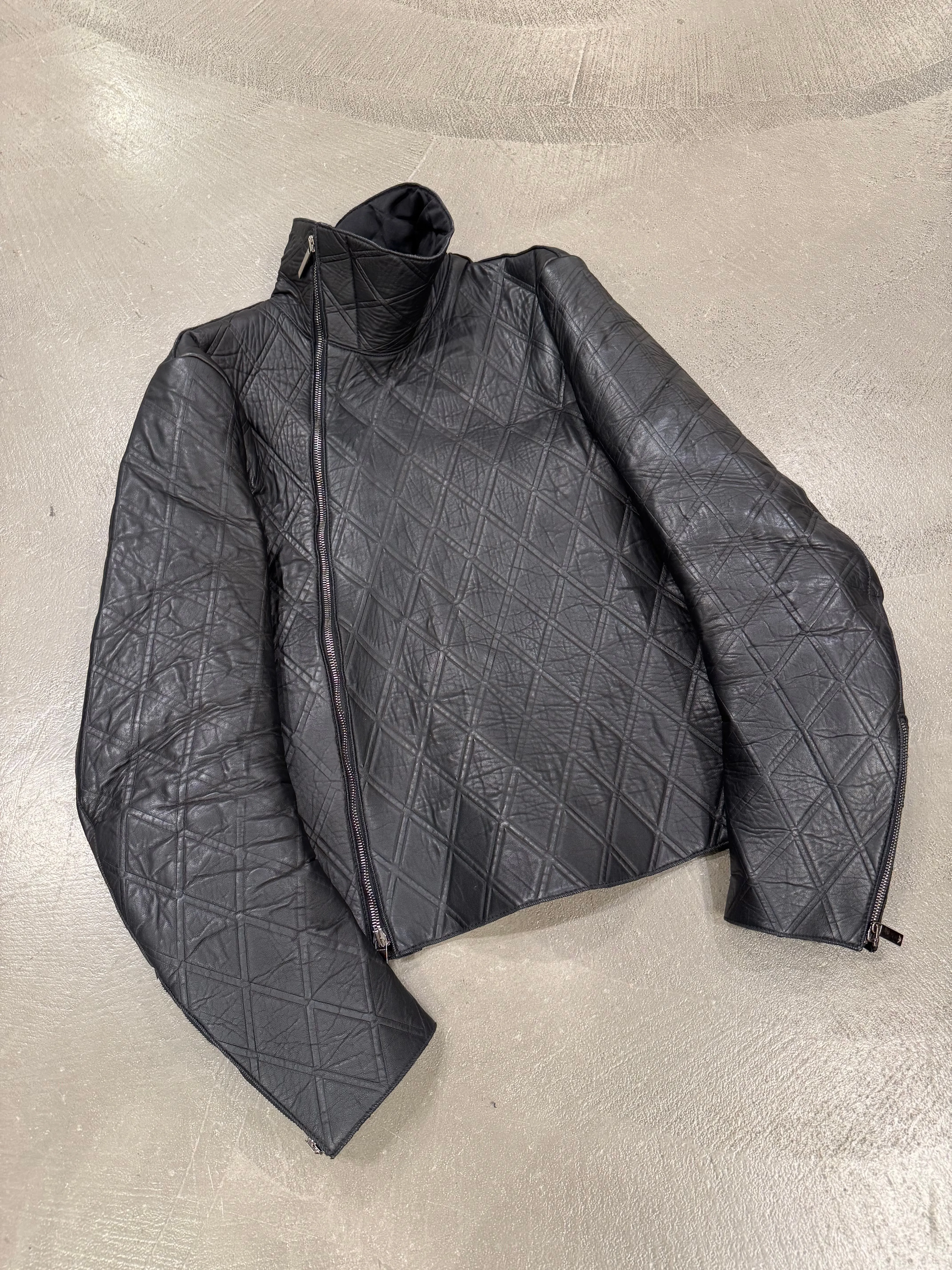 2014 Emporio Armani asymmetrical lozenged biker leather jacket