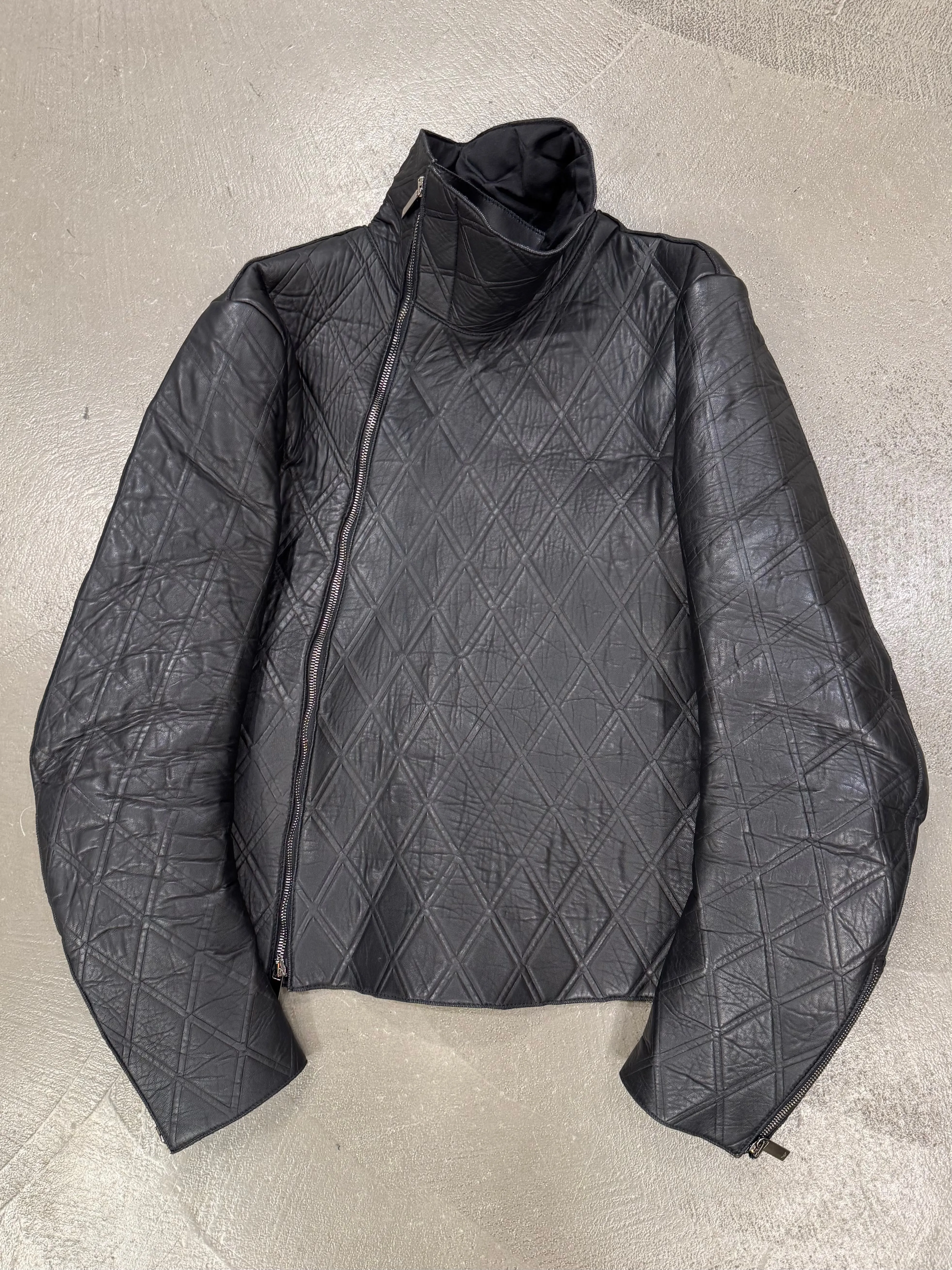 2014 Emporio Armani asymmetrical lozenged biker leather jacket
