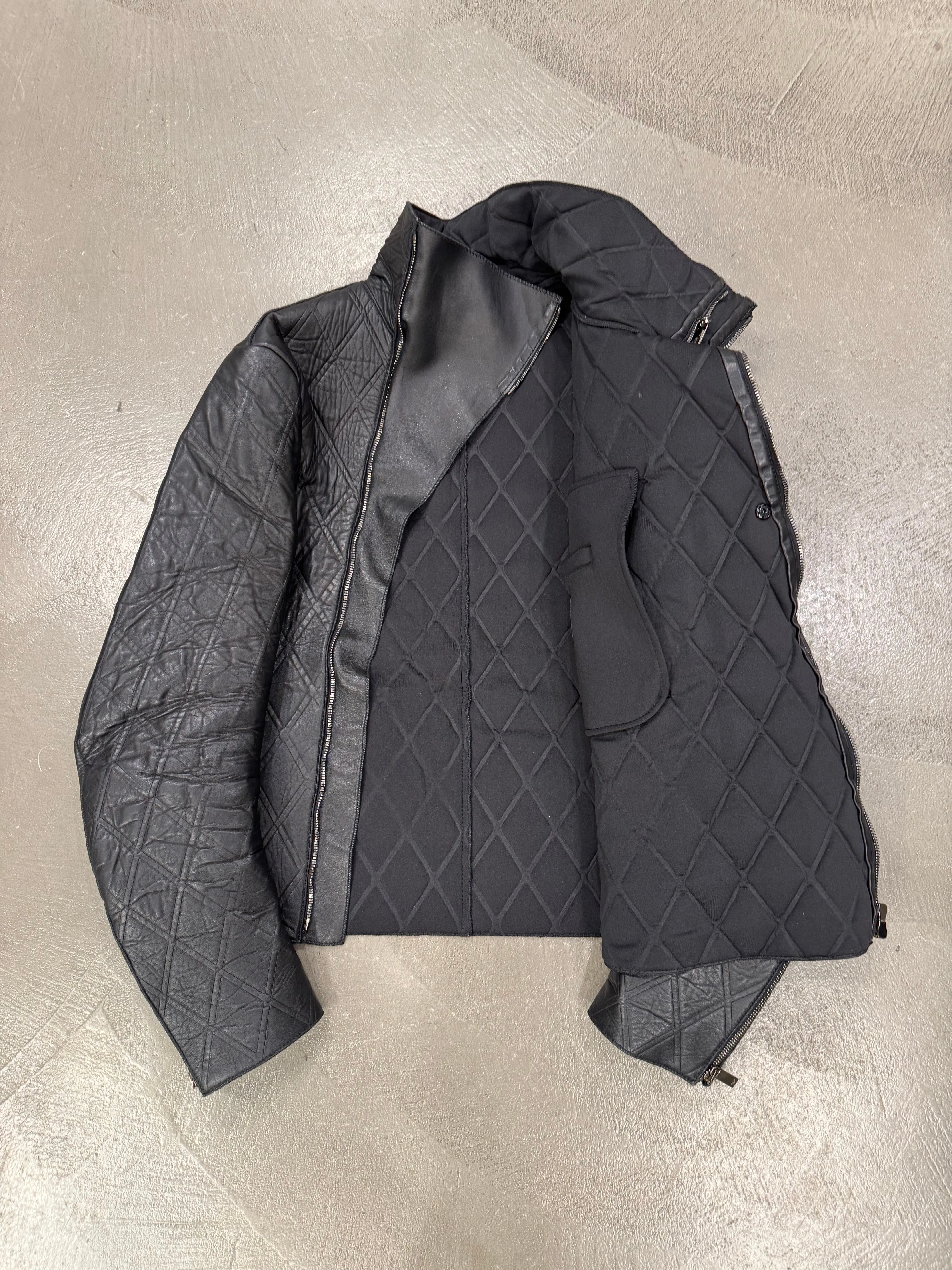 2014 Emporio Armani asymmetrical lozenged biker leather jacket