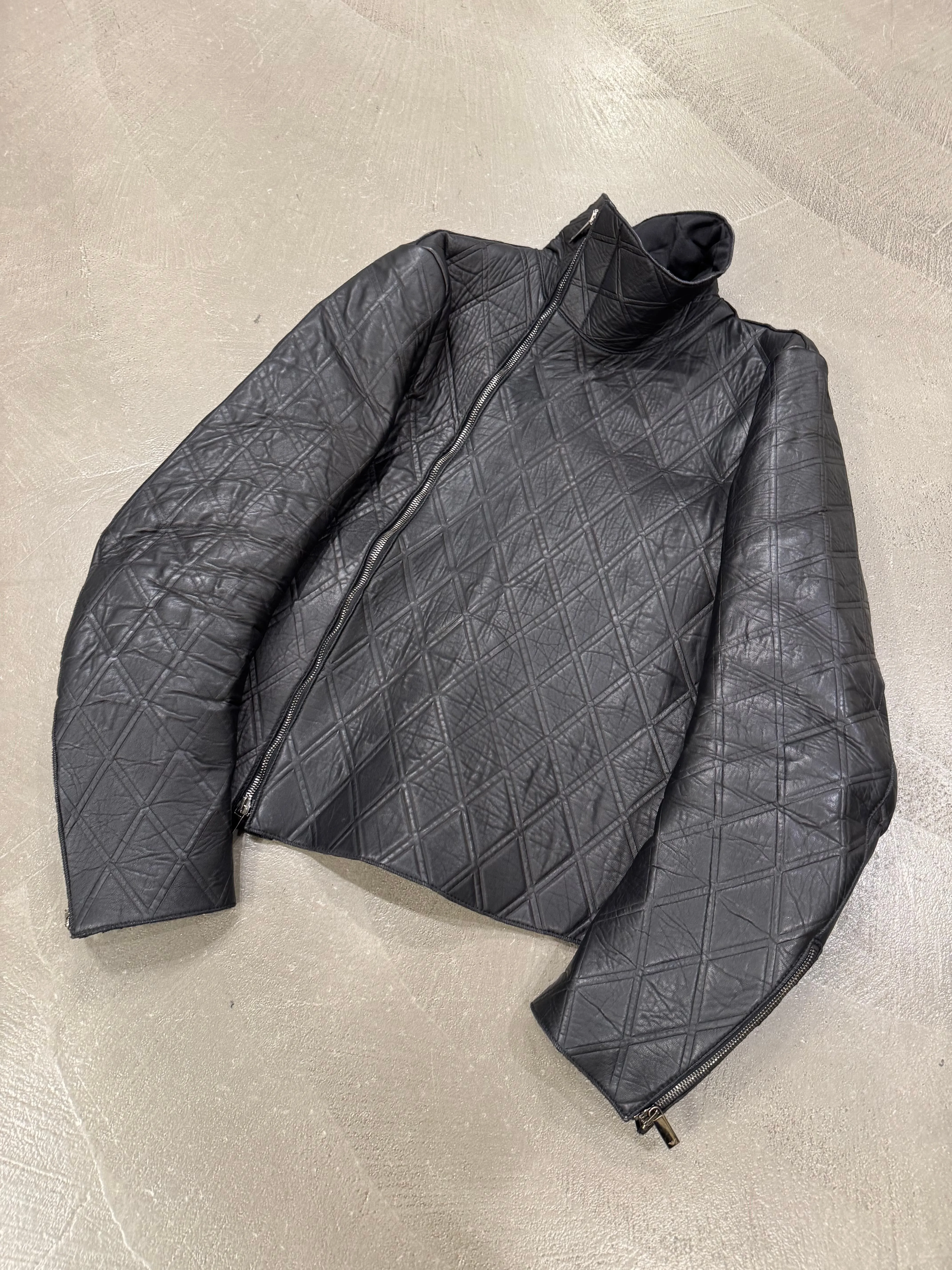 2014 Emporio Armani asymmetrical lozenged biker leather jacket