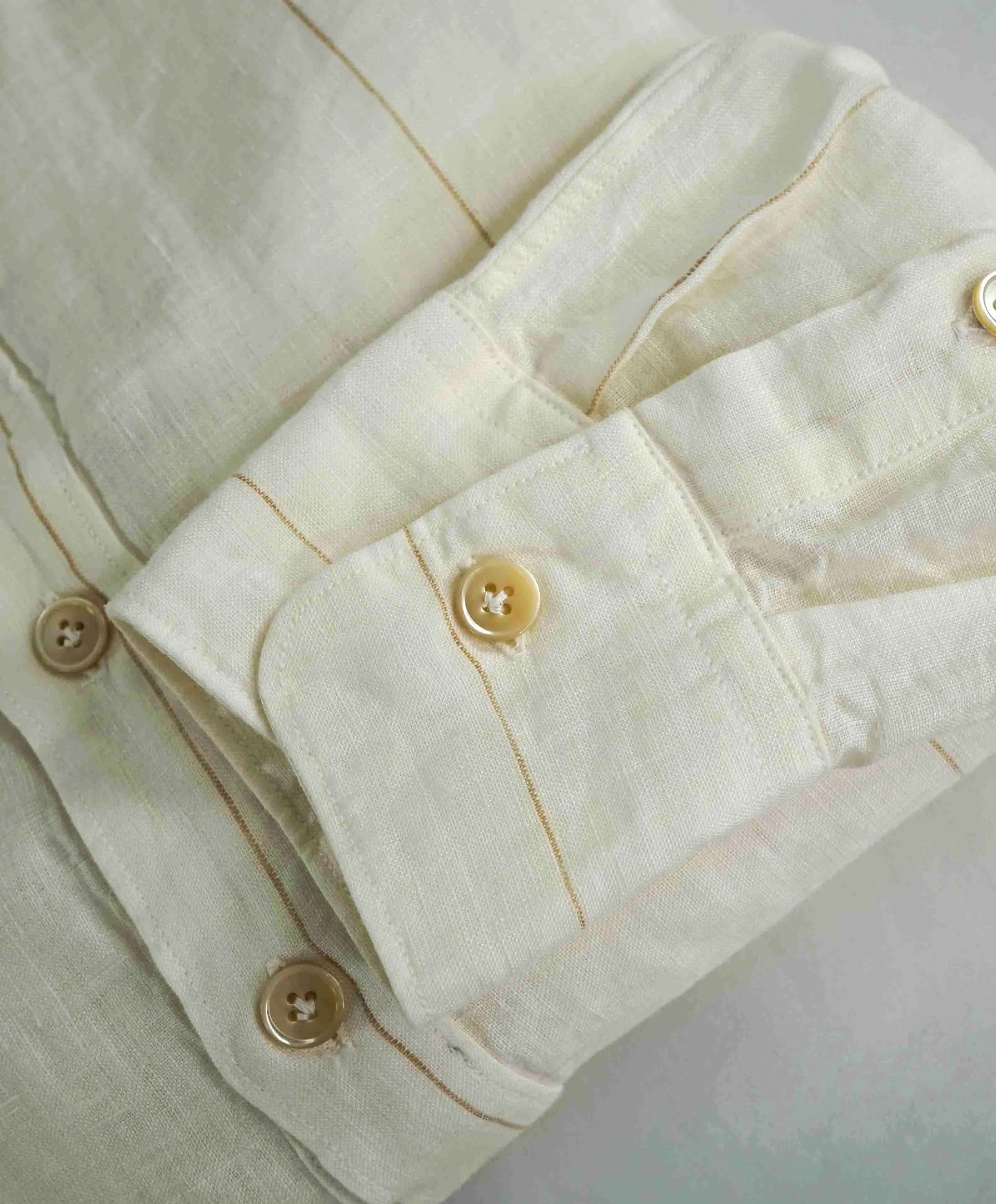 $395 ELEVENTY - Ivory/Camel *POP OVER LINEN* Button Down Shirt - M