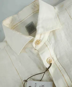 $395 ELEVENTY - Ivory/Camel *POP OVER LINEN* Button Down Shirt - M