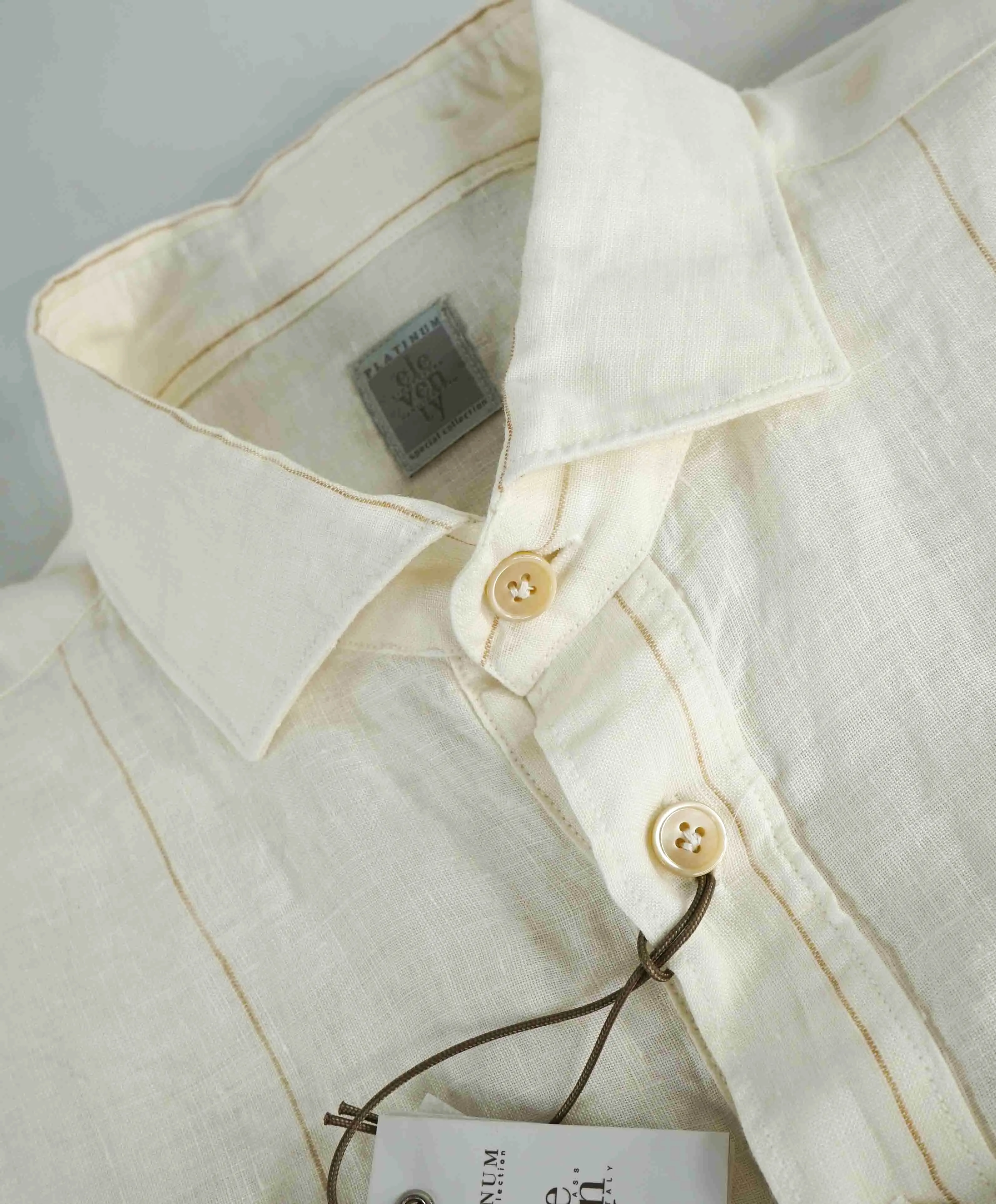 $395 ELEVENTY - Ivory/Camel *POP OVER LINEN* Button Down Shirt - M