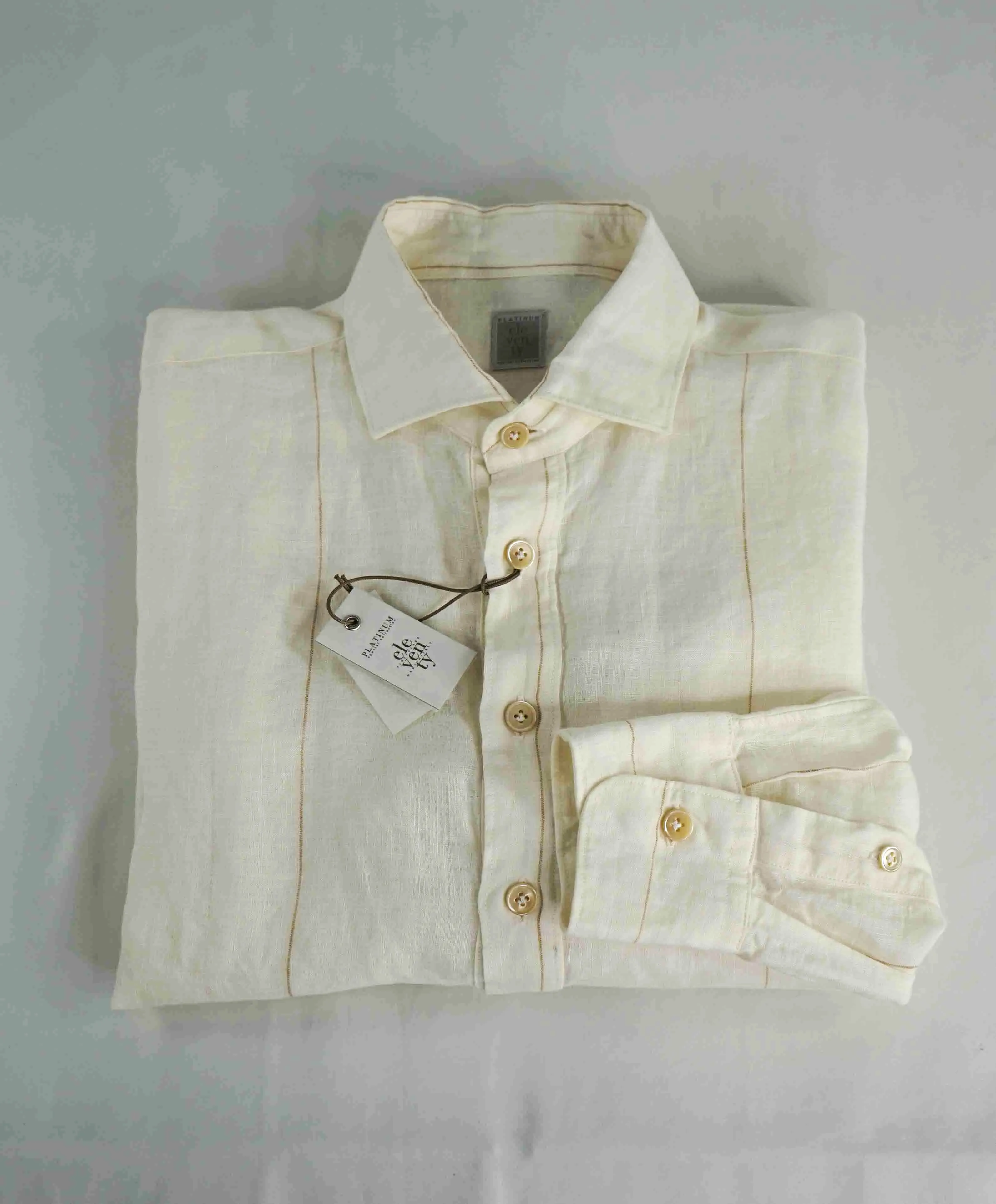 $395 ELEVENTY - Ivory/Camel *POP OVER LINEN* Button Down Shirt - M