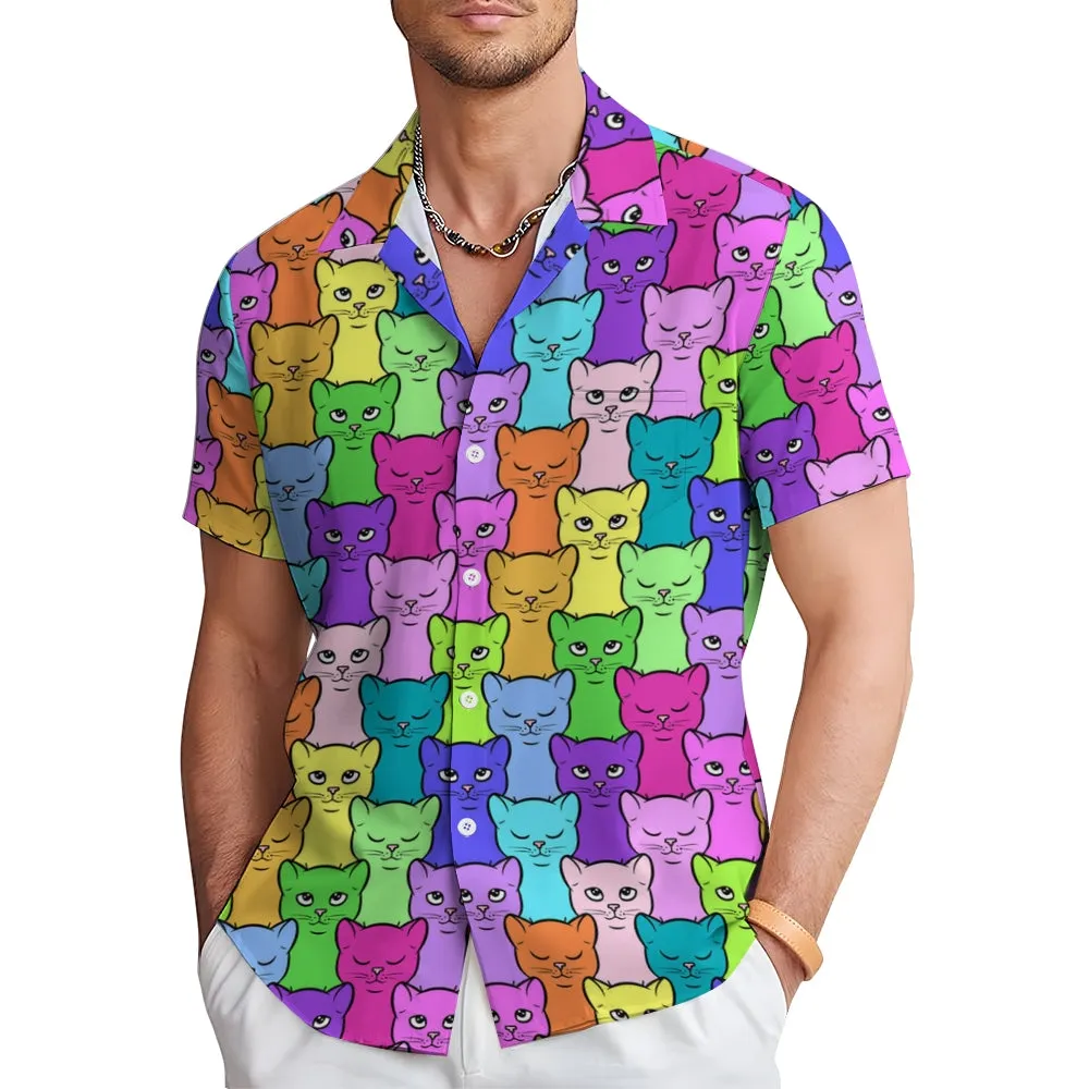 Abstract Cat Chest Pocket Short Sleeve Casual Shirt 2401000220
