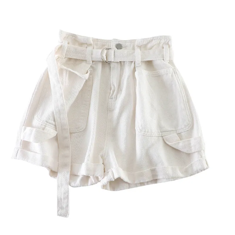 All Match Thin Double Pocket Wide Leg Denim Solid Color Shorts