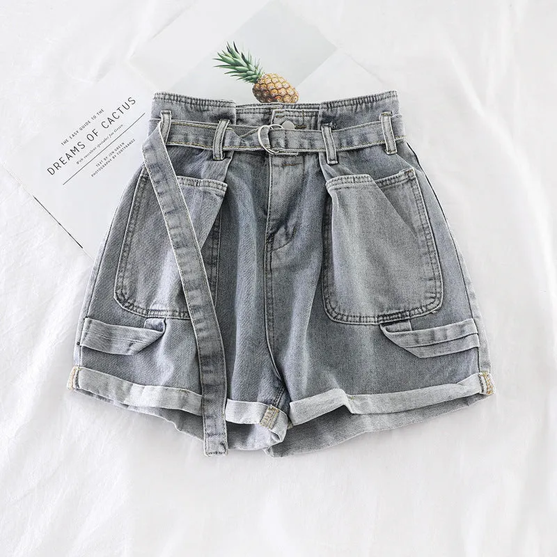 All Match Thin Double Pocket Wide Leg Denim Solid Color Shorts
