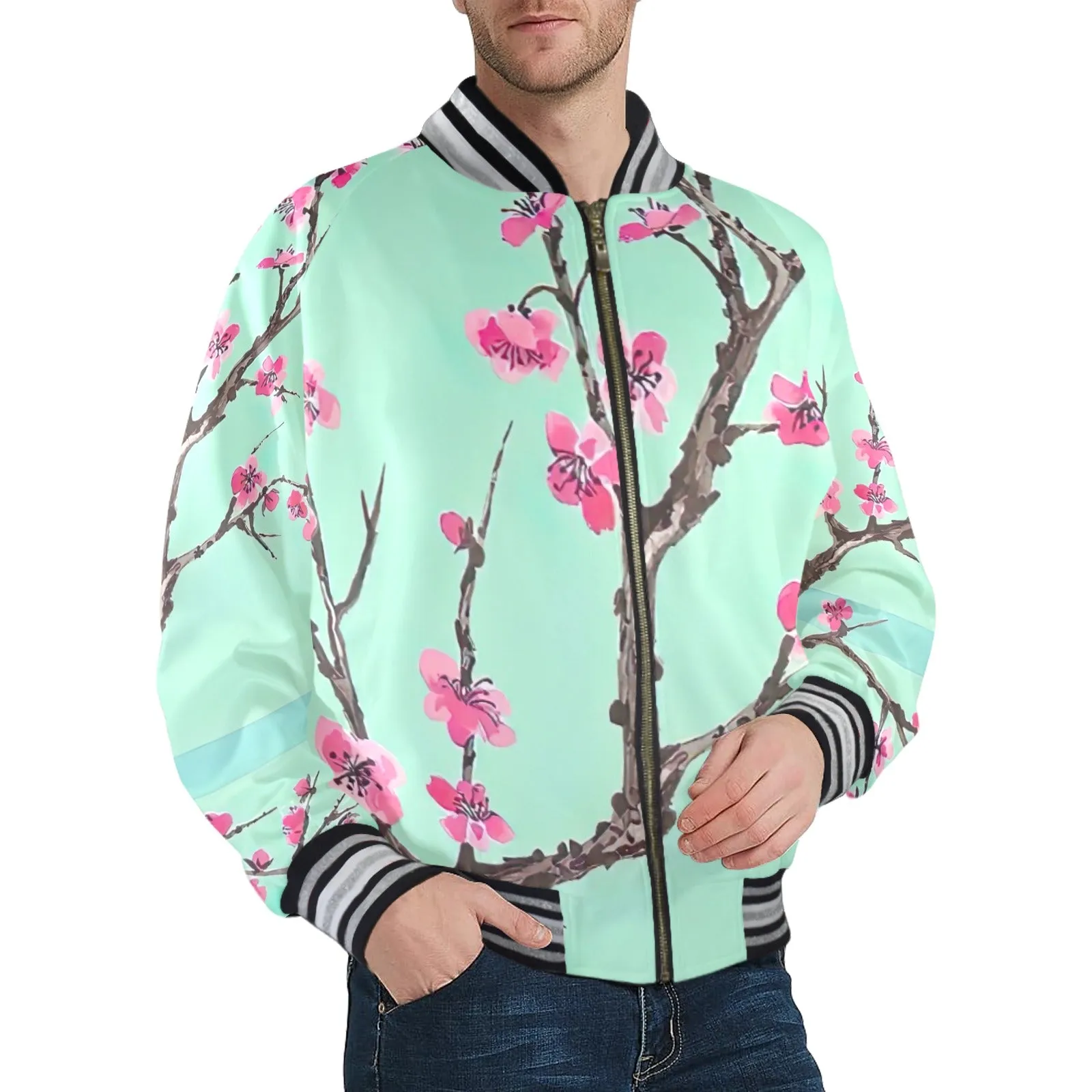 Arizona Green Tea Pattern Men's Striped Trim Bomber Jacket