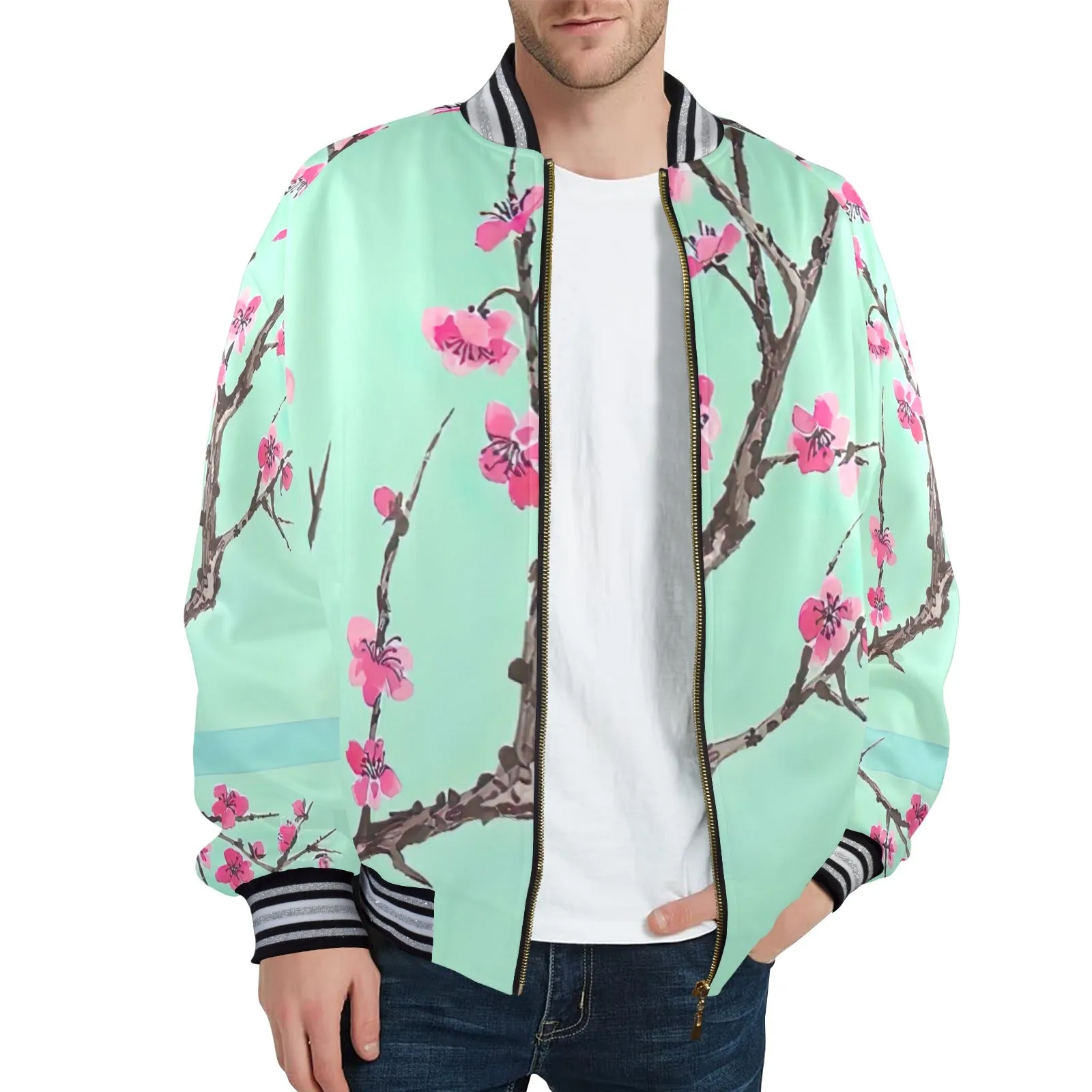 Arizona Green Tea Pattern Men's Striped Trim Bomber Jacket