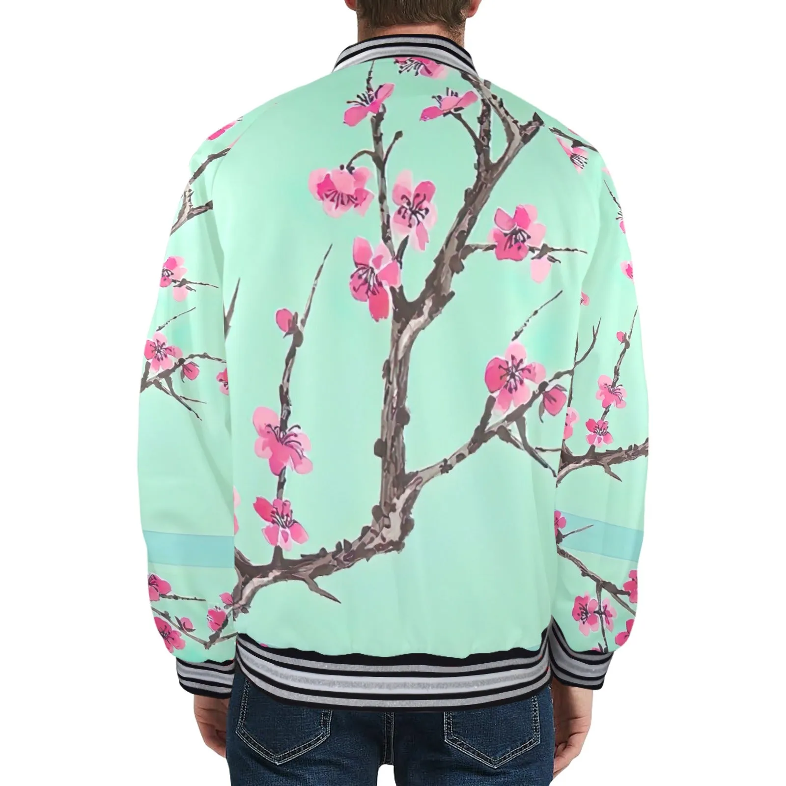 Arizona Green Tea Pattern Men's Striped Trim Bomber Jacket