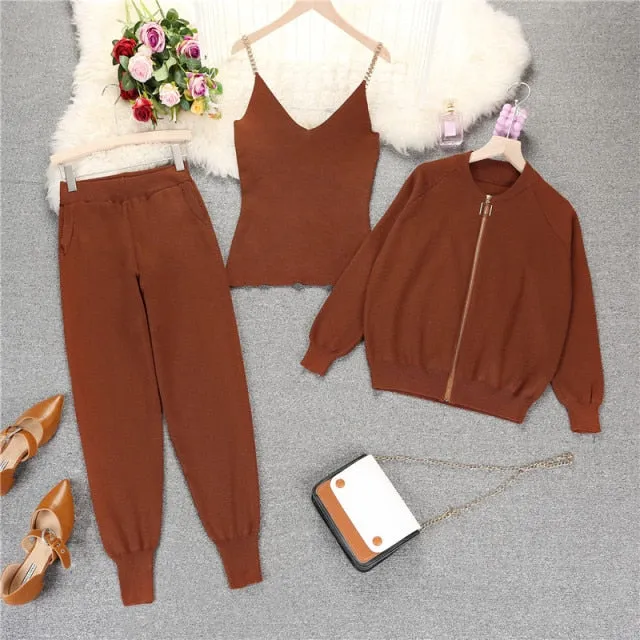 Autumn Winter Knitted  Vest Zipper Cardigans Pants 3pcs Sets Tracksuits Outfits