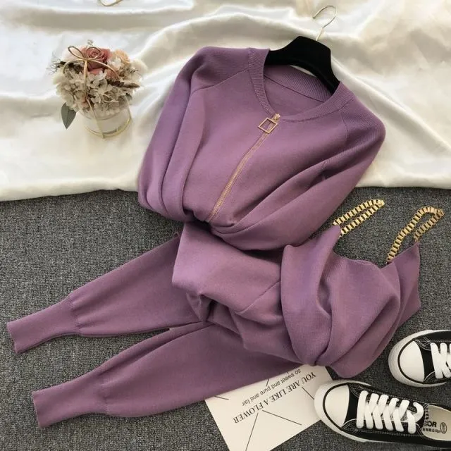 Autumn Winter Knitted  Vest Zipper Cardigans Pants 3pcs Sets Tracksuits Outfits