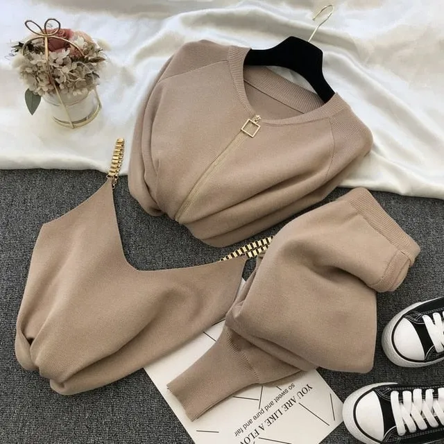 Autumn Winter Knitted  Vest Zipper Cardigans Pants 3pcs Sets Tracksuits Outfits