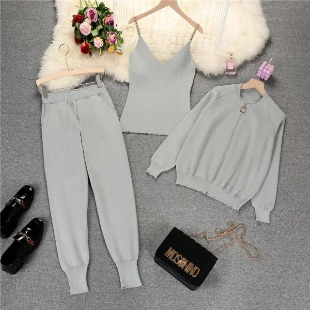 Autumn Winter Knitted  Vest Zipper Cardigans Pants 3pcs Sets Tracksuits Outfits