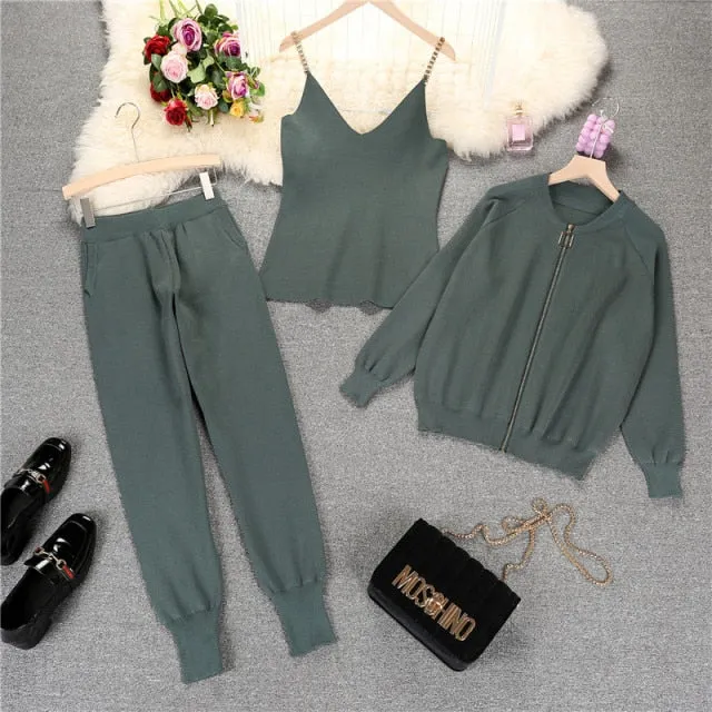 Autumn Winter Knitted  Vest Zipper Cardigans Pants 3pcs Sets Tracksuits Outfits