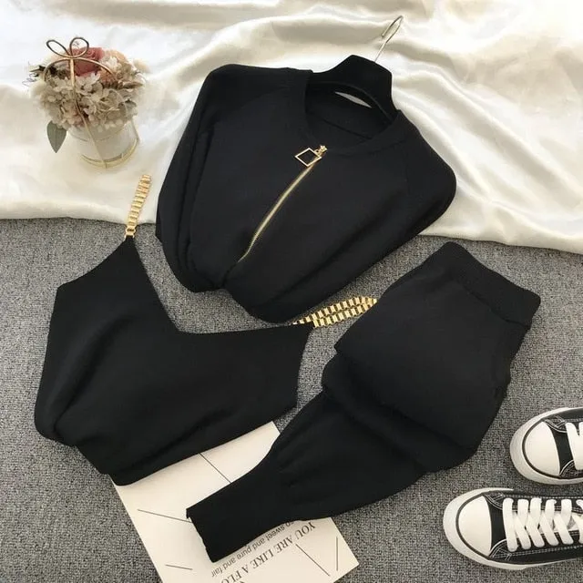 Autumn Winter Knitted  Vest Zipper Cardigans Pants 3pcs Sets Tracksuits Outfits