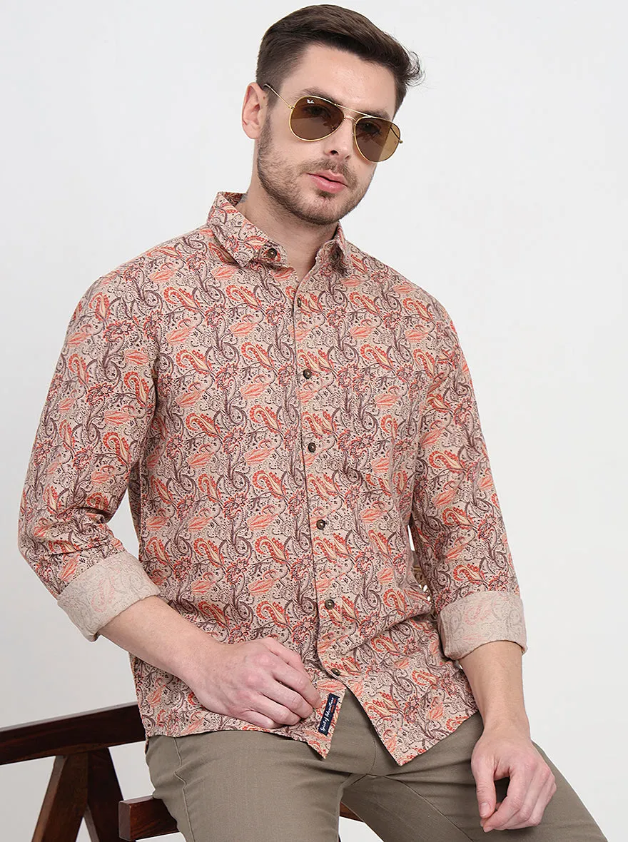 Beige & Orange Printed Slim Fit Casual Shirt | JadeBlue