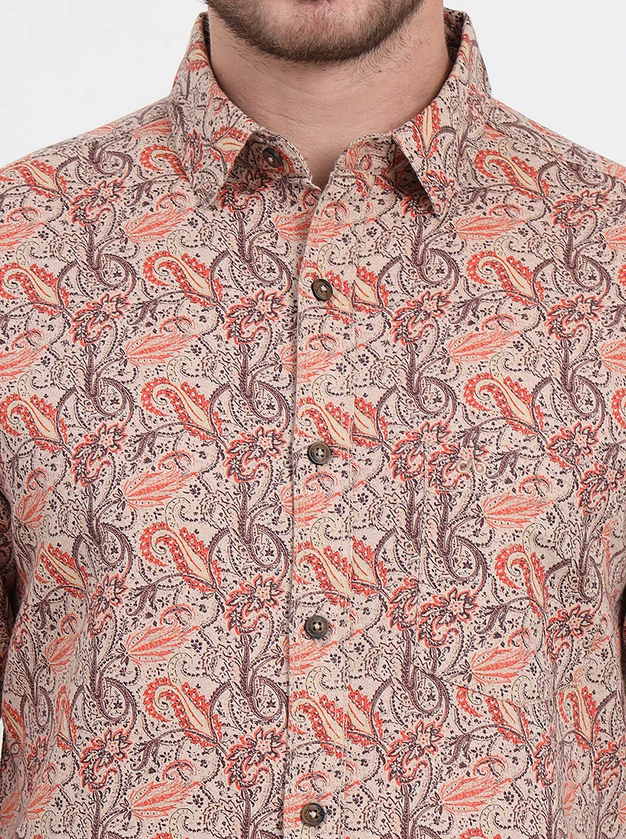 Beige & Orange Printed Slim Fit Casual Shirt | JadeBlue
