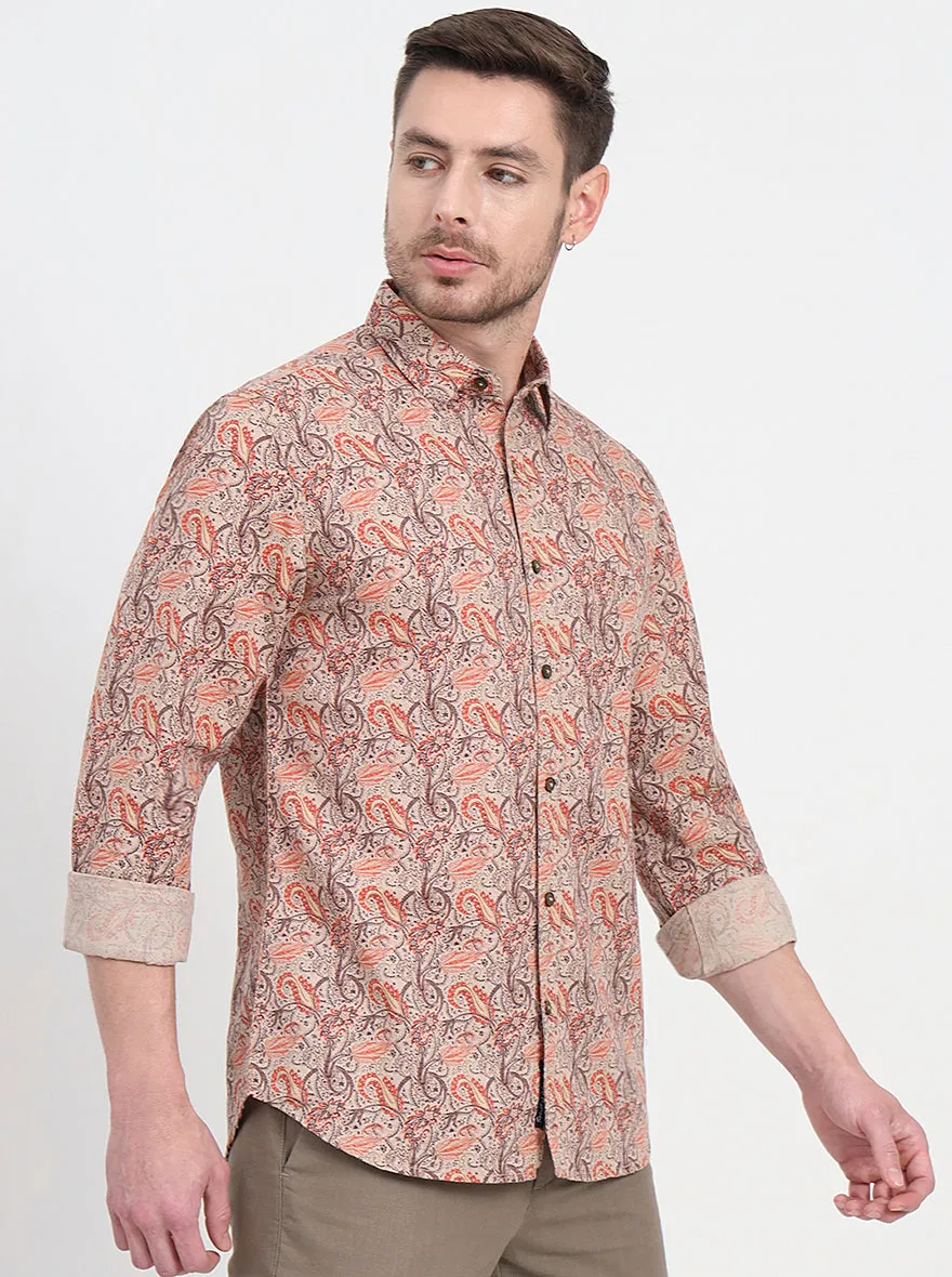 Beige & Orange Printed Slim Fit Casual Shirt | JadeBlue