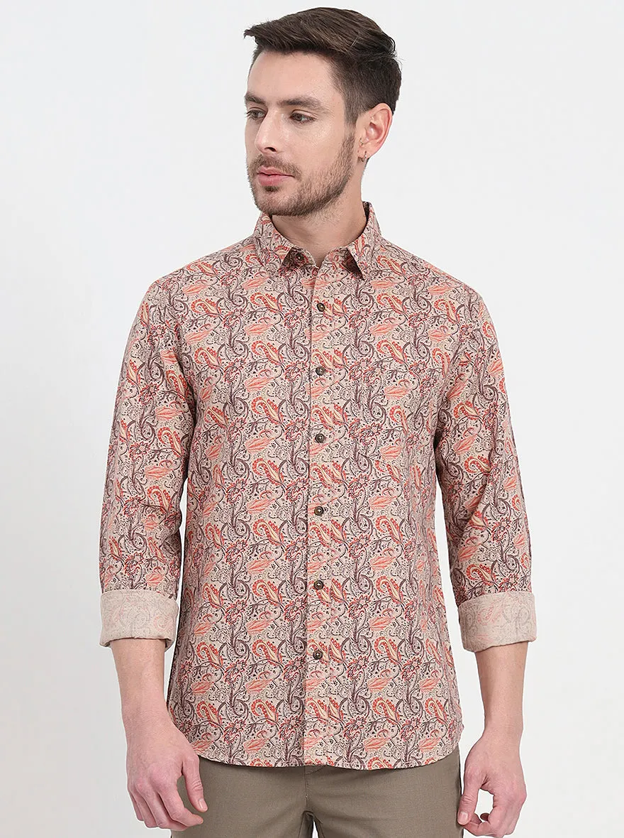 Beige & Orange Printed Slim Fit Casual Shirt | JadeBlue