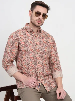 Beige & Orange Printed Slim Fit Casual Shirt | JadeBlue
