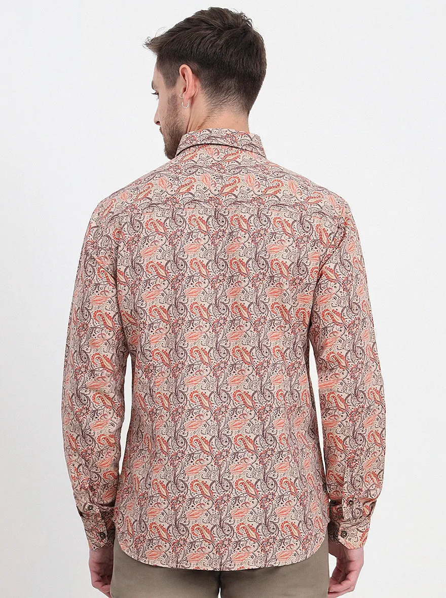 Beige & Orange Printed Slim Fit Casual Shirt | JadeBlue