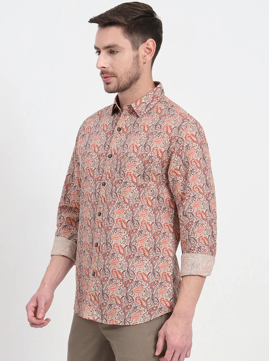 Beige & Orange Printed Slim Fit Casual Shirt | JadeBlue