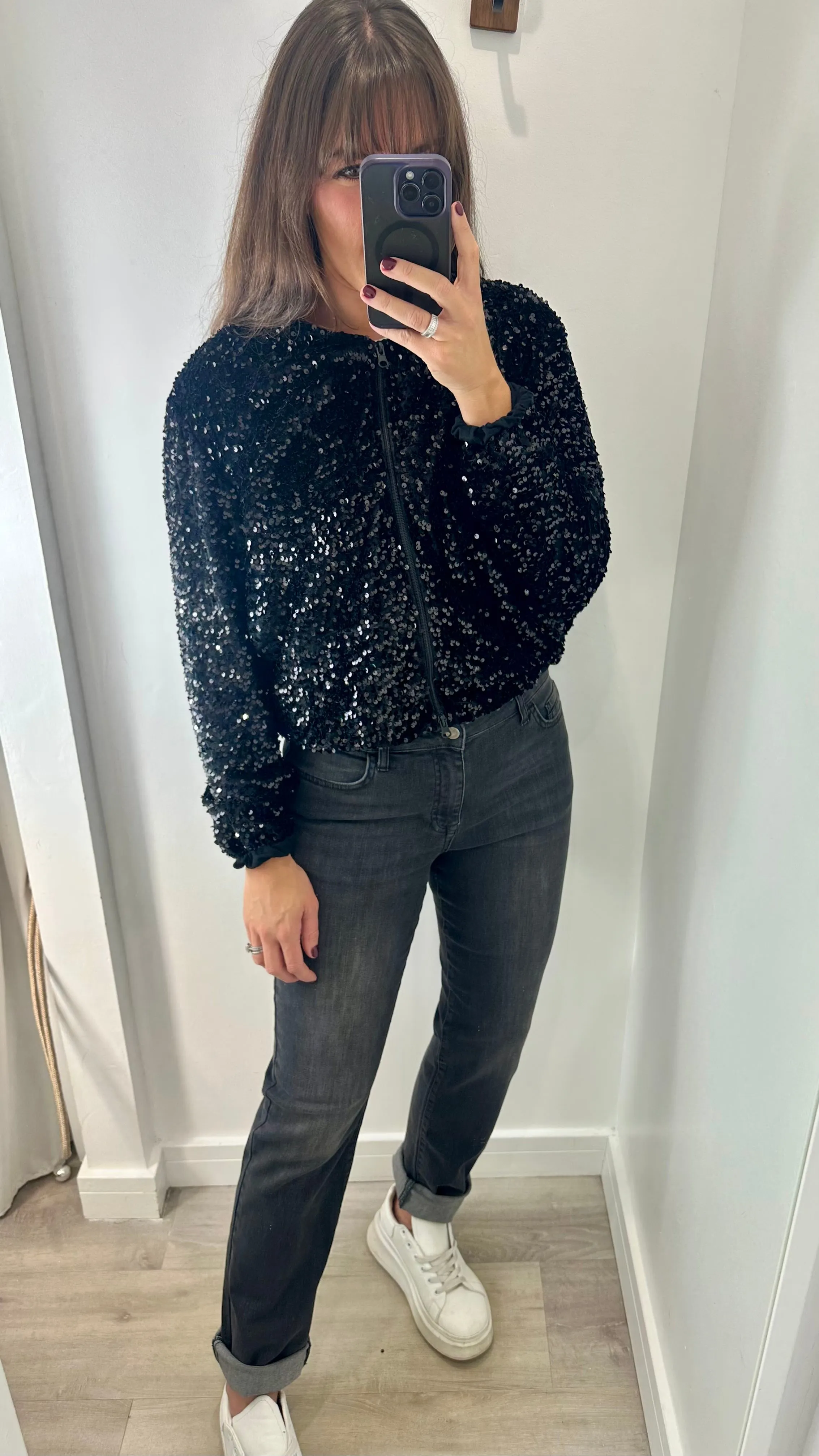 BLACK VELVET SEQUIN BOMBER JACKET