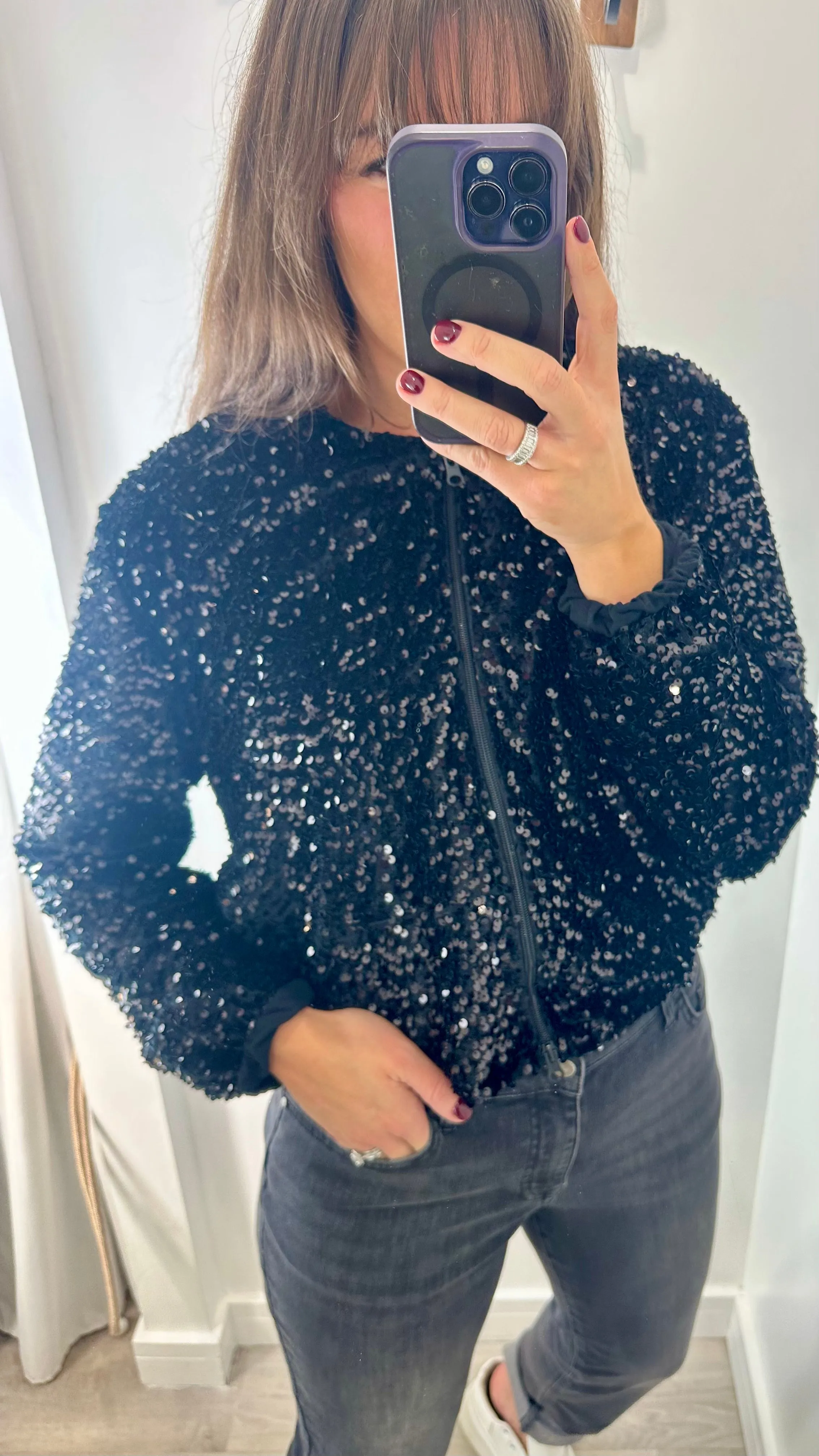 BLACK VELVET SEQUIN BOMBER JACKET