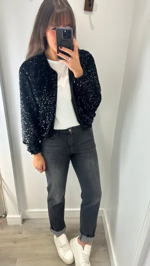 BLACK VELVET SEQUIN BOMBER JACKET