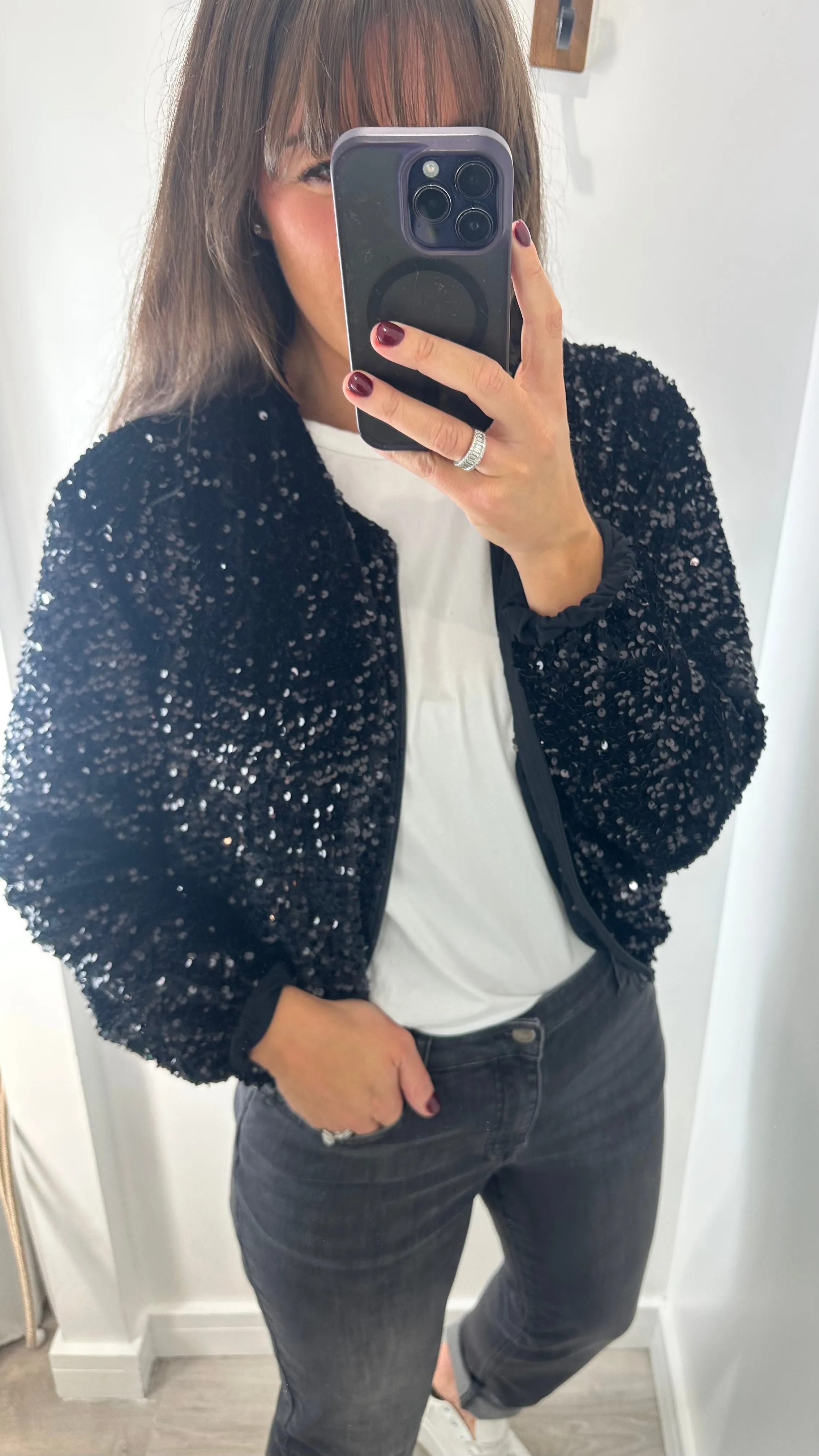 BLACK VELVET SEQUIN BOMBER JACKET