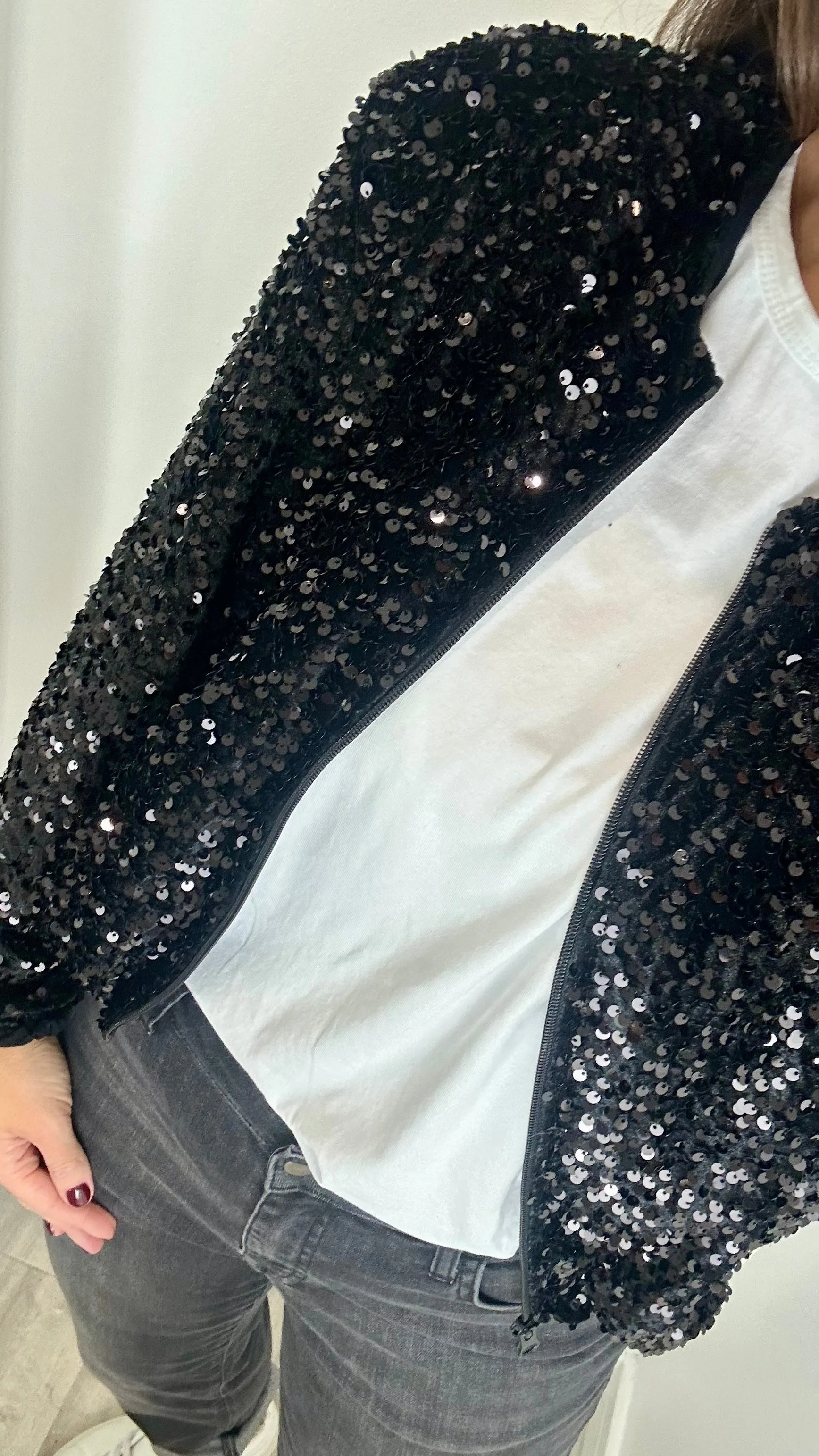 BLACK VELVET SEQUIN BOMBER JACKET