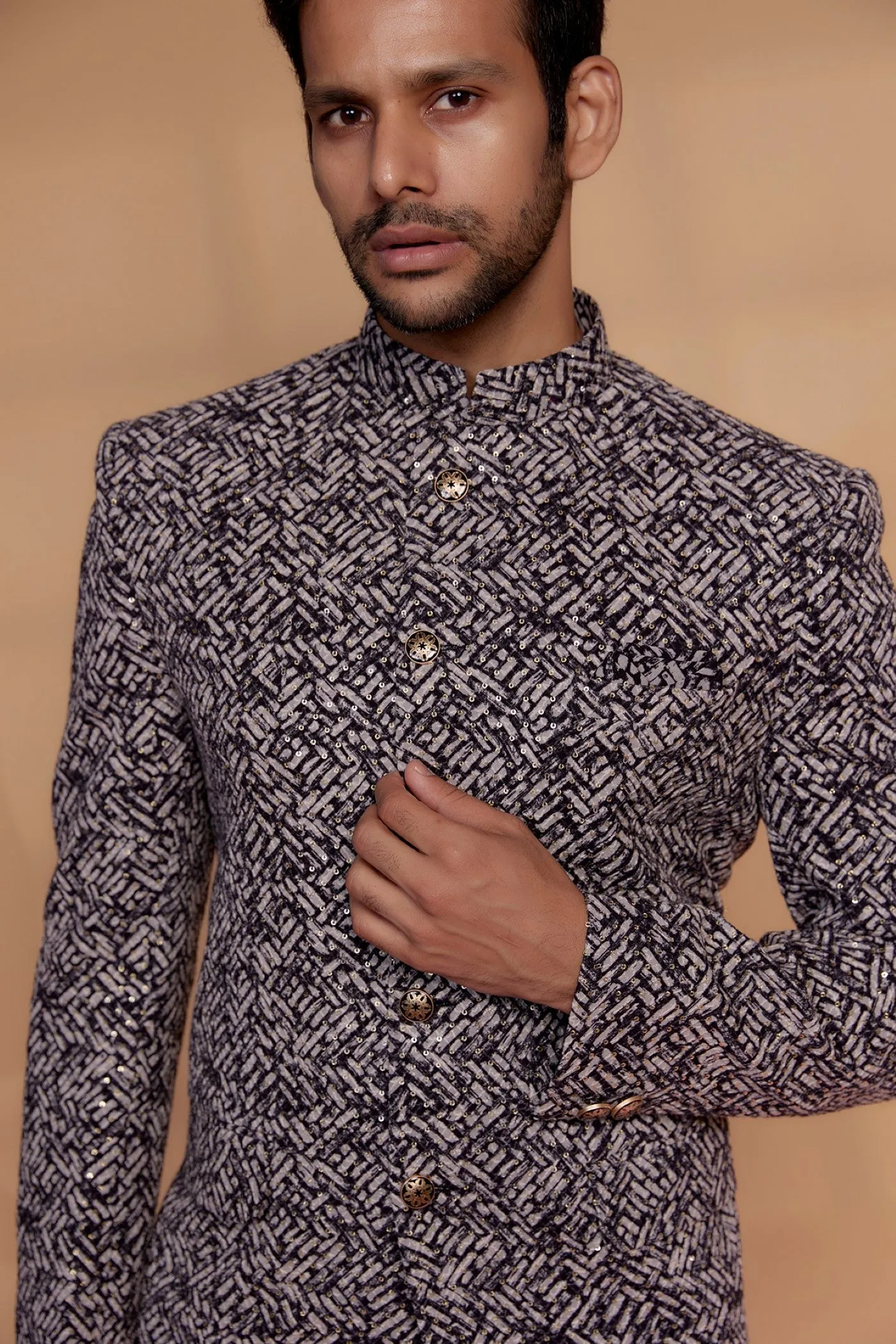 Black Velvet Sequined Bandhgala Set
