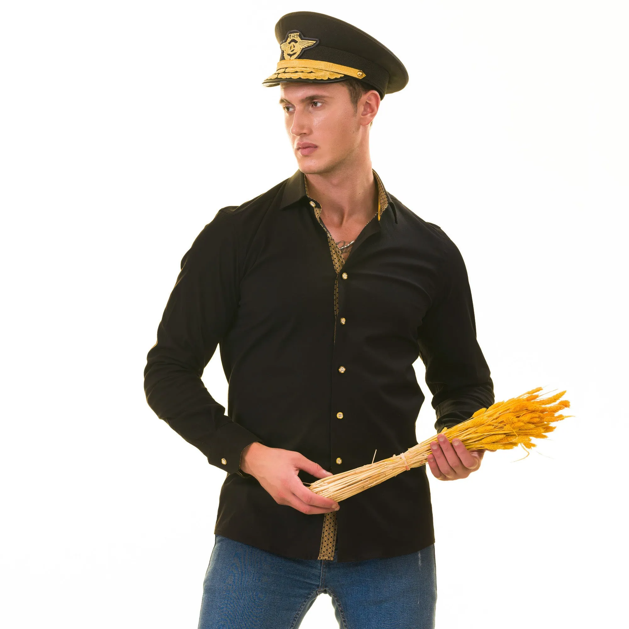 Black with inside Gold Men's Slim Fit Designer Shirt - Tailored Cotton Shirts for Work and Casual Wear