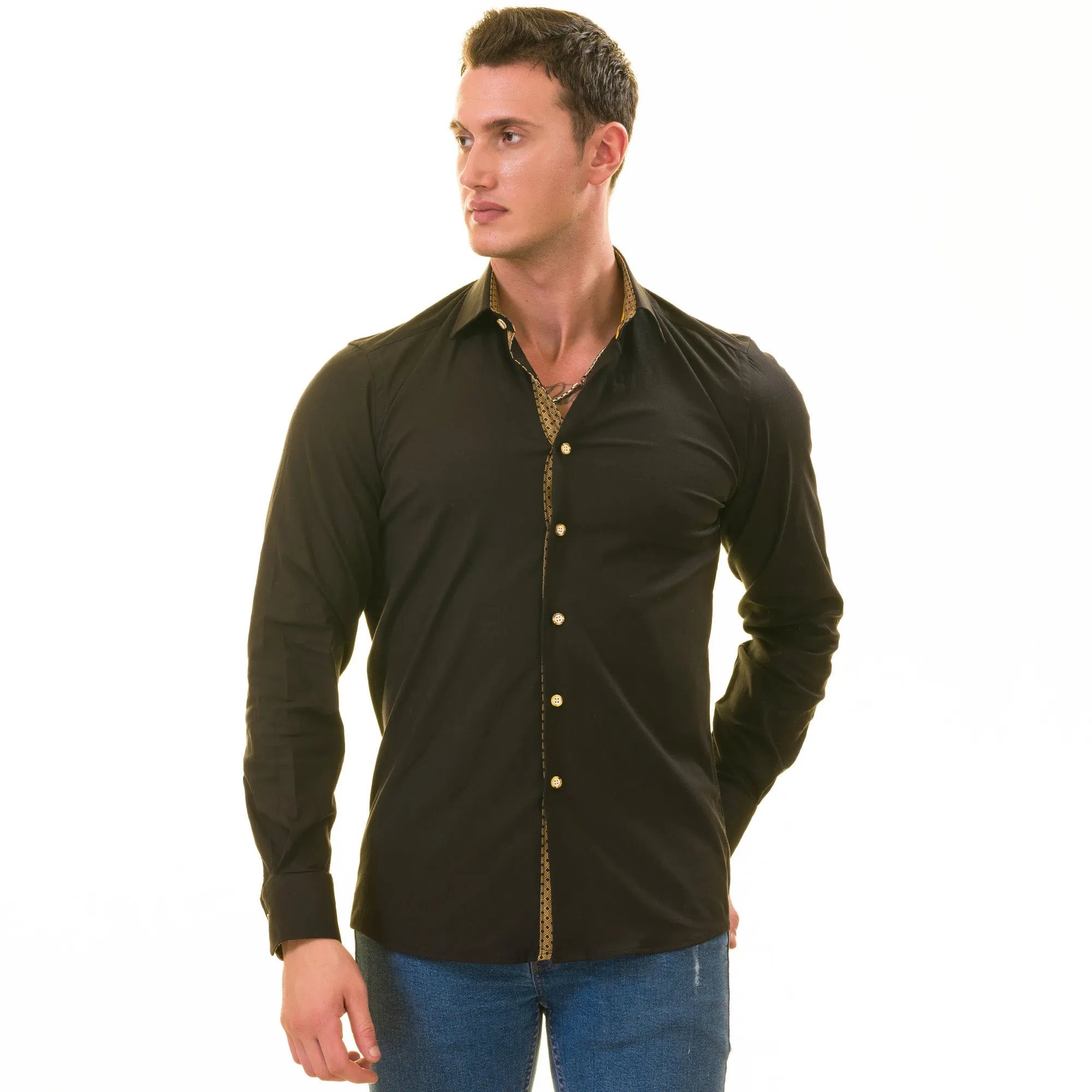 Black with inside Gold Men's Slim Fit Designer Shirt - Tailored Cotton Shirts for Work and Casual Wear