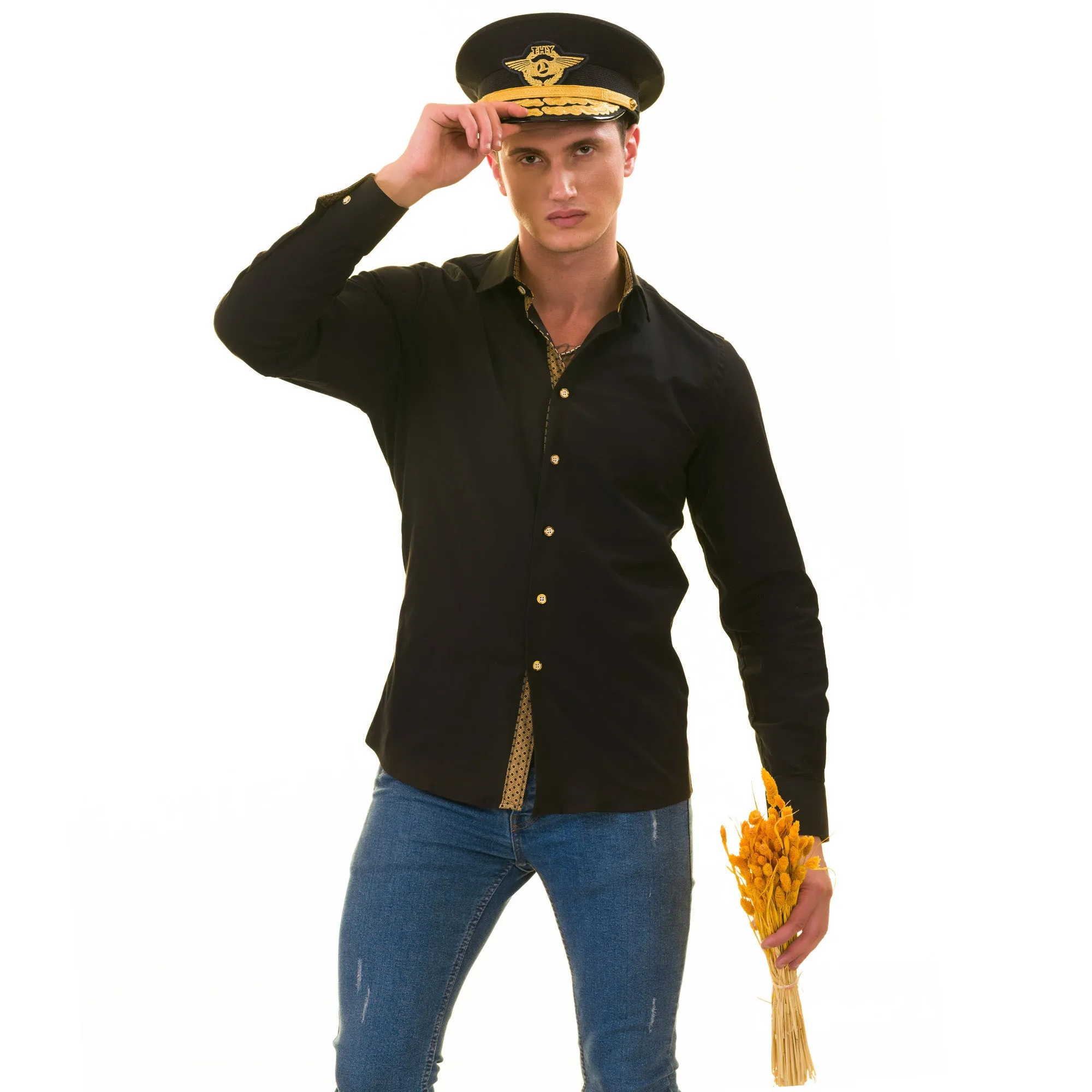 Black with inside Gold Men's Slim Fit Designer Shirt - Tailored Cotton Shirts for Work and Casual Wear