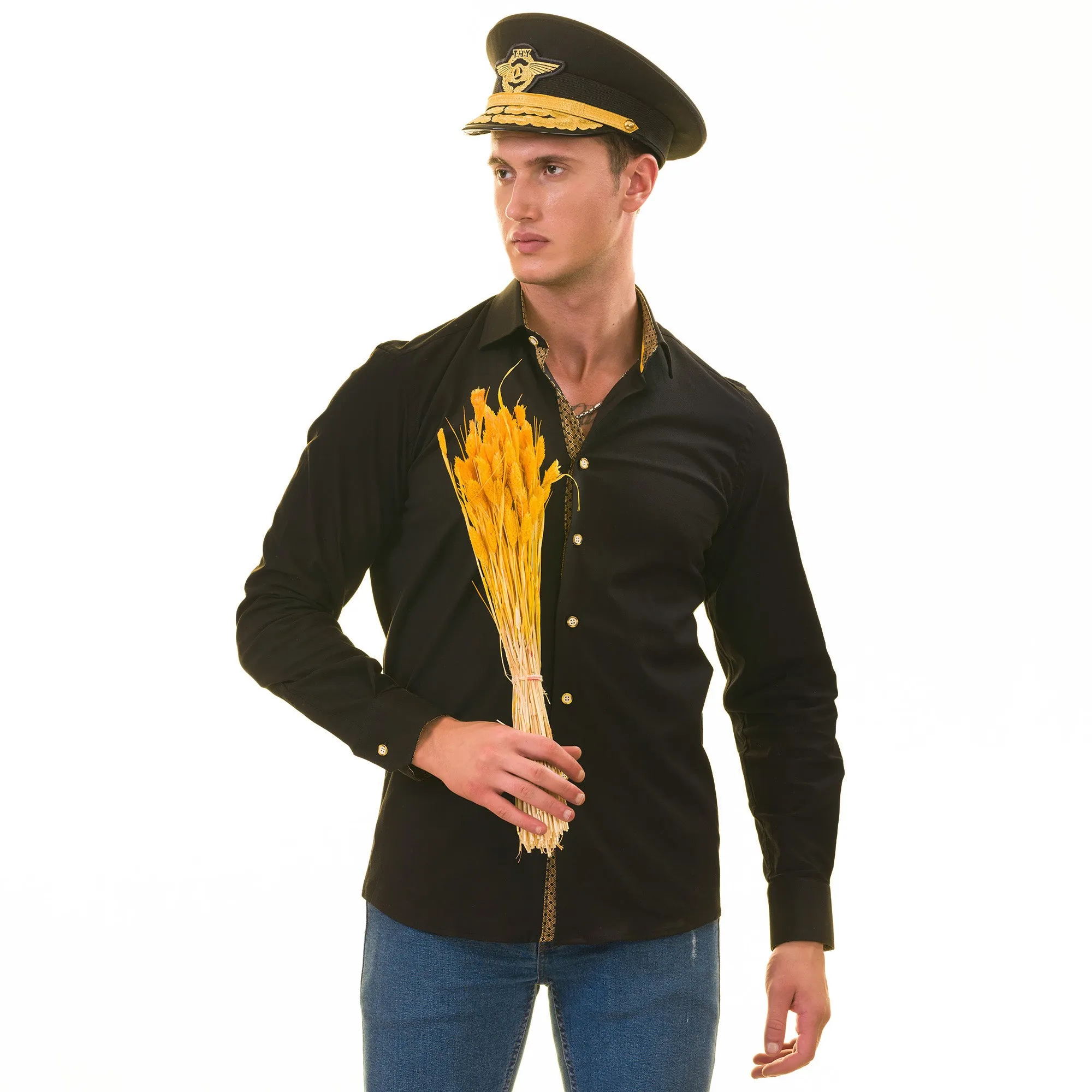 Black with inside Gold Men's Slim Fit Designer Shirt - Tailored Cotton Shirts for Work and Casual Wear