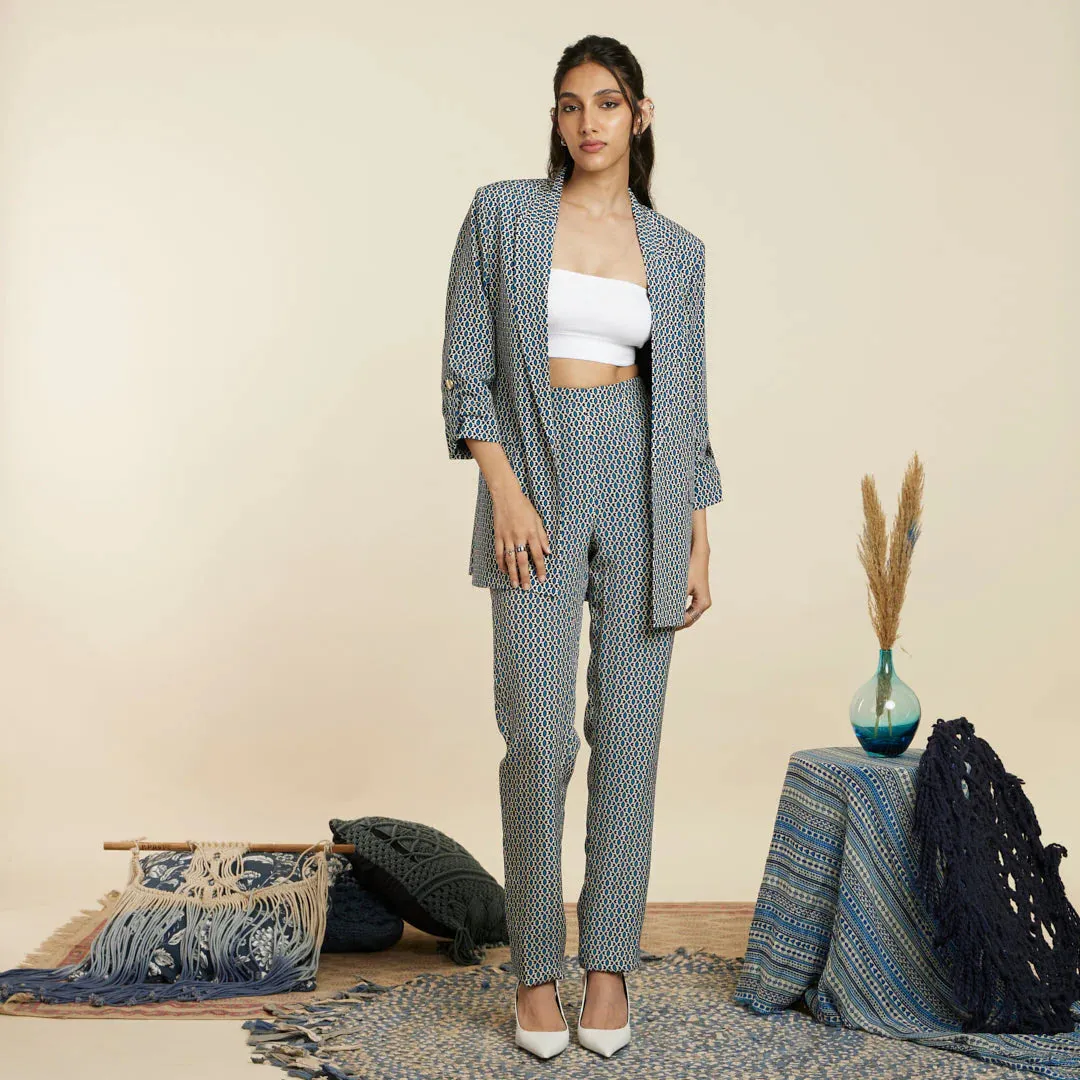 BLUE BOHO STRIPE PRINT STRIPE PRINT BLAZER SET
