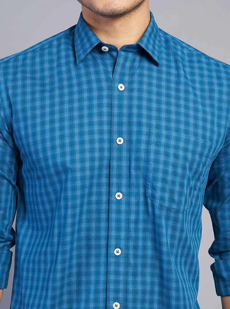 Blue Checked Slim Fit Semi Casual Shirt | JadeBlue