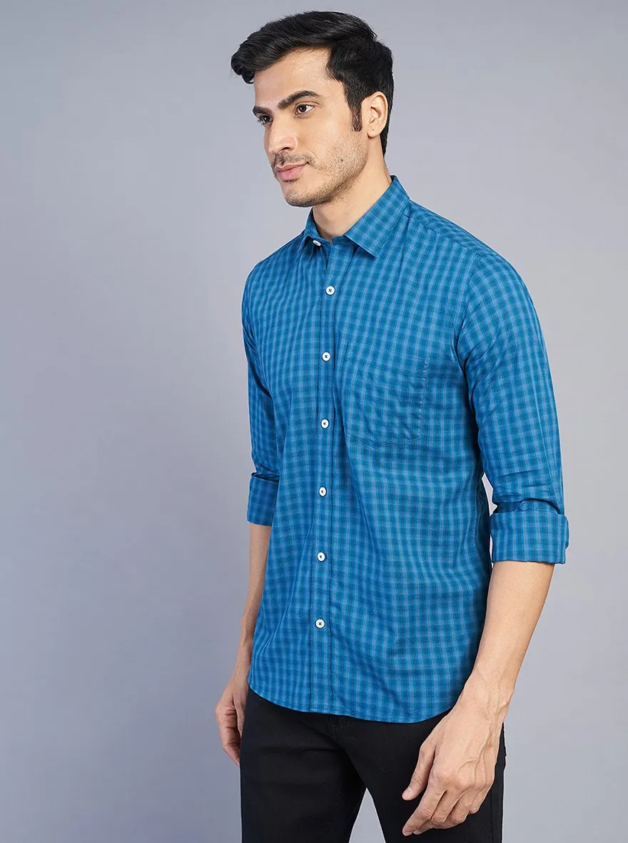 Blue Checked Slim Fit Semi Casual Shirt | JadeBlue