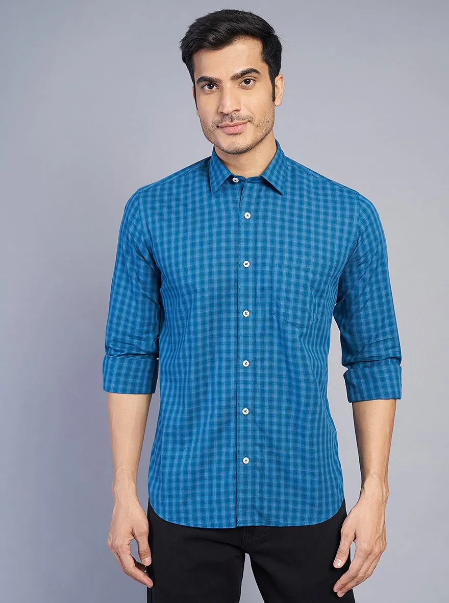 Blue Checked Slim Fit Semi Casual Shirt | JadeBlue
