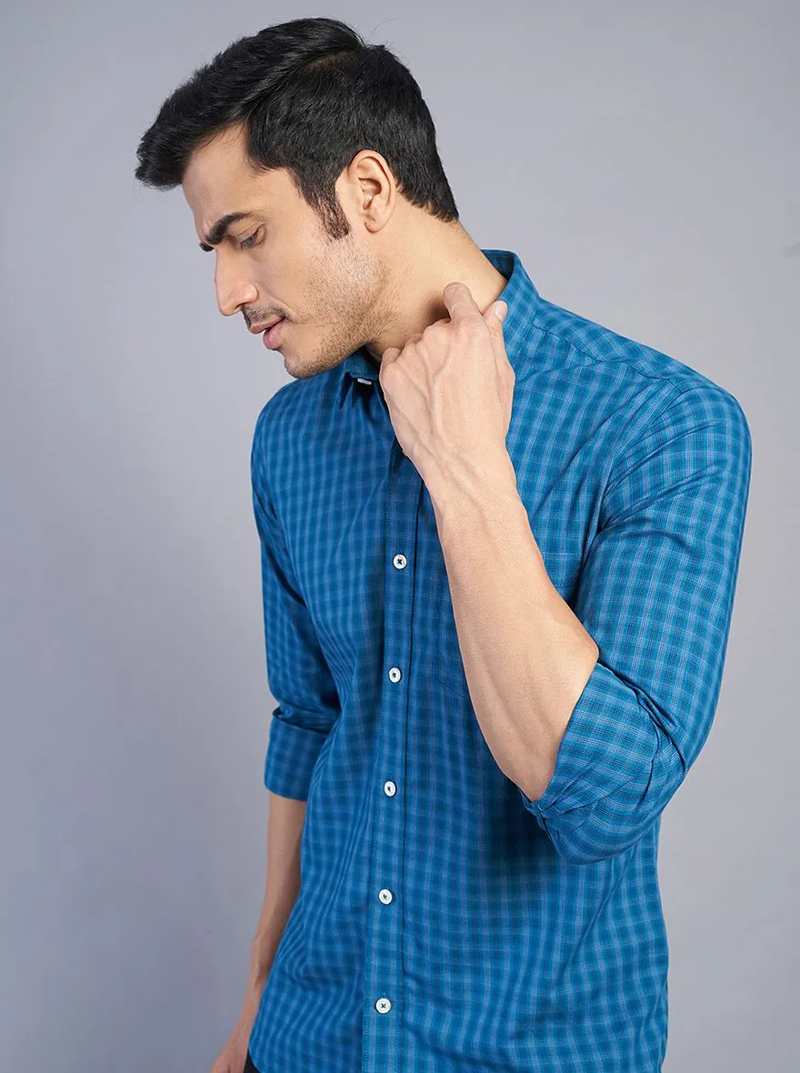 Blue Checked Slim Fit Semi Casual Shirt | JadeBlue