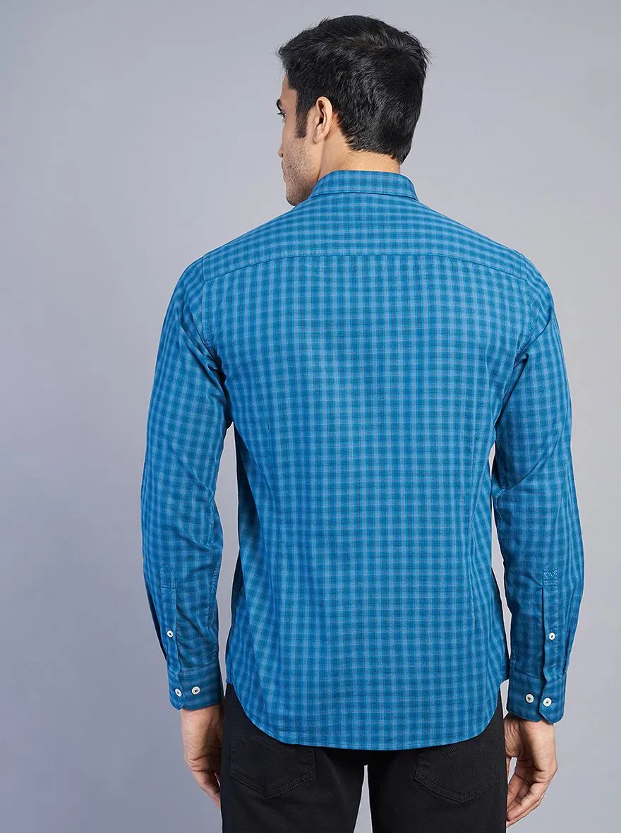 Blue Checked Slim Fit Semi Casual Shirt | JadeBlue