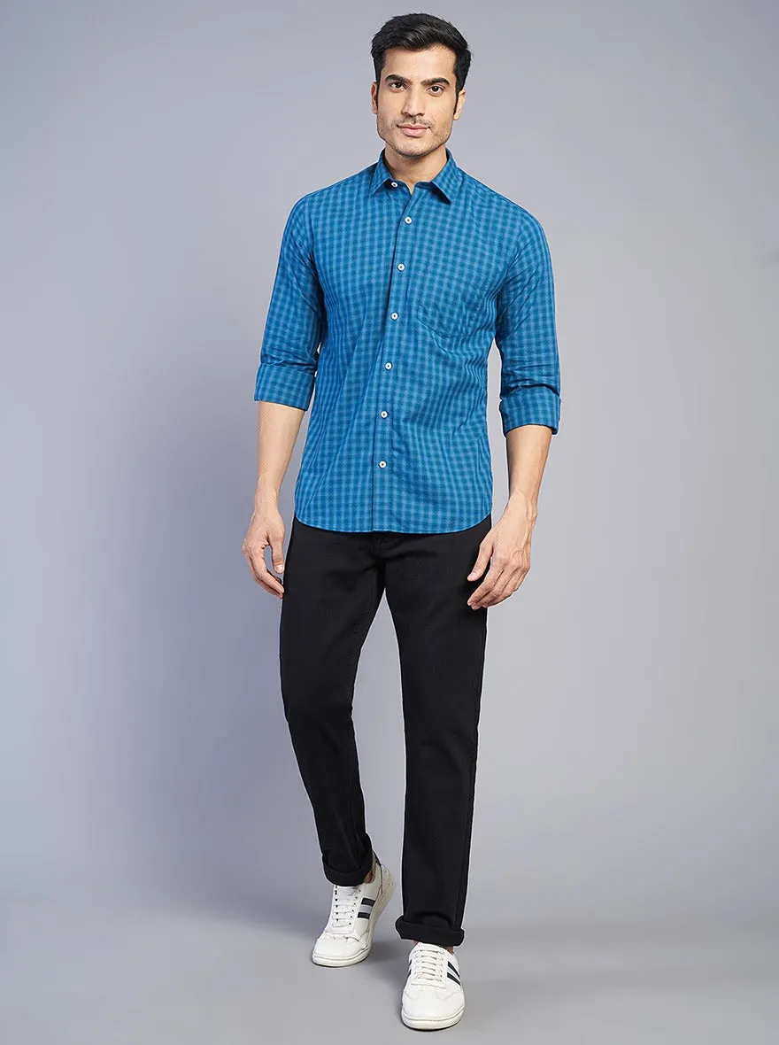Blue Checked Slim Fit Semi Casual Shirt | JadeBlue