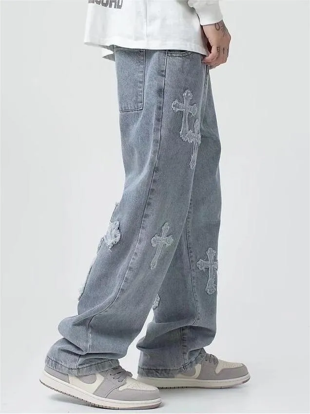 Blue men's vintage jeans with cross patch