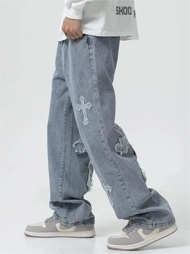 Blue men's vintage jeans with cross patch